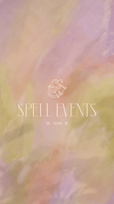 Spell Events cream logo on top of a multicolored texture background