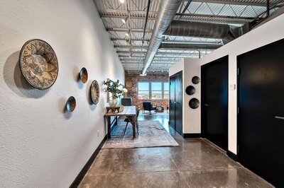 Front entrance to this one-bedroom, one-bathroom luxury condo in the historic Behrens building in downtown Waco, TX.