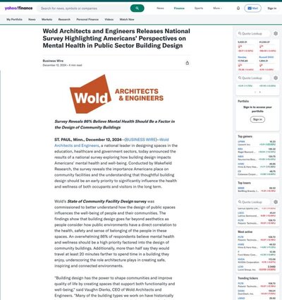 Screenshot of a Yahoo Finance article featuring Wold Architects & Engineers' national survey results on mental health and public building design.