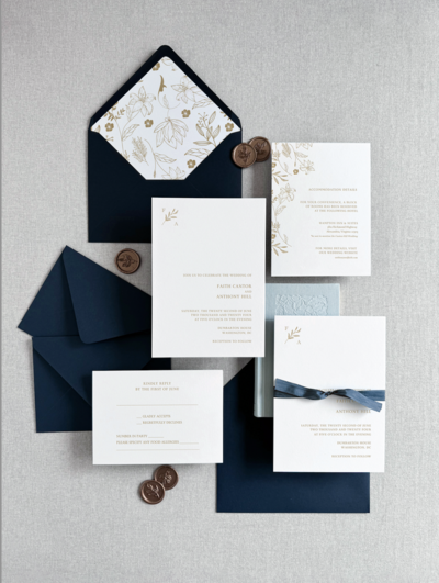Classic navy and gold wedding invitation with letterpress design by Liz Theal designs