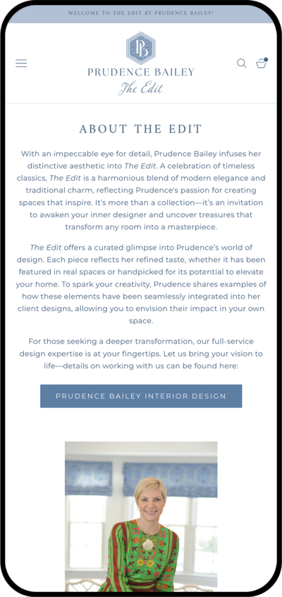 iPhone mockup of The Edit By Prudence Bailey About page.