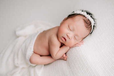 fine art Portland Oregon newborn  photography of baby girl sleeping with feet tucked under wearing white headband on white backdrop
