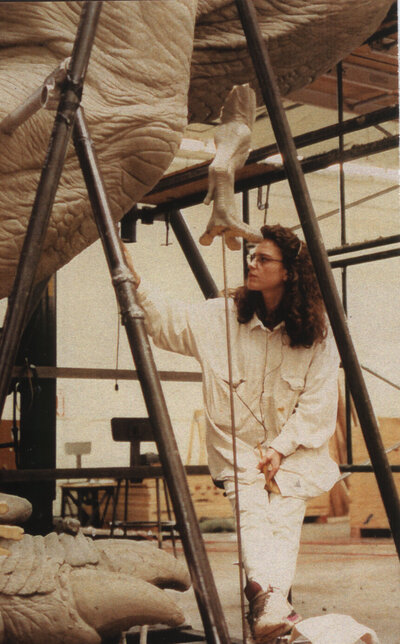 Eileen sculpting part of the T-Rex for the first Jurassic Park directed by Steven Spielberg at the Stan Winston Studios