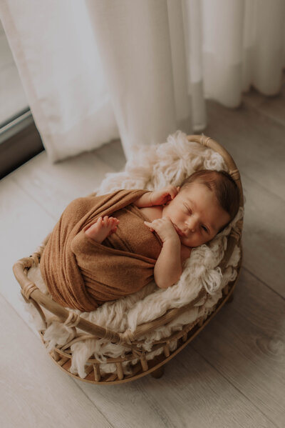 Baby slaapt in mandje tijdens newborn fotoshoot