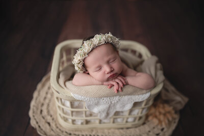 Rustic newborn portrait featuring a baby girl in a cream basket, surrounded by soft textures and florals—crafted with warmth and vintage charm.