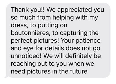 Text message image from a client who loved their experience, gallery, and wedding day.