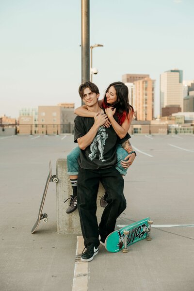 Man Giving Woman a Piggyback Ride on Rooftop