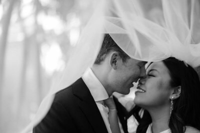 bride and groom smiling at each other under bride's wedding veil