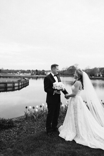 Bride and groom walk up memorial steps at their DC wedding