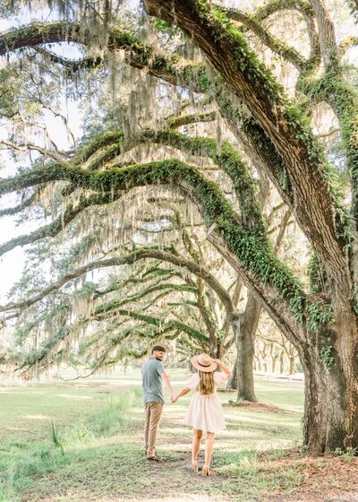 Couple holding hands walking under trees covered in moss
