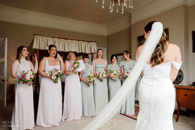 Bride and bridesmaids holding bouquets of flowers