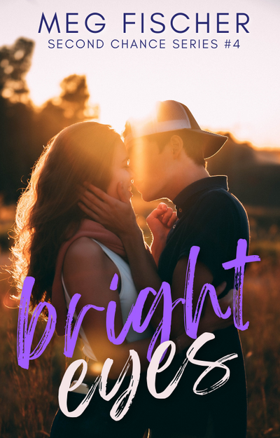 Book cover concept for Bright Eyes includes the title and features a young couple standing in a field with sunshine shining in a cinematic shot. The young man has a backwards hat. The sunshine ray makes their faces slightly blocked.