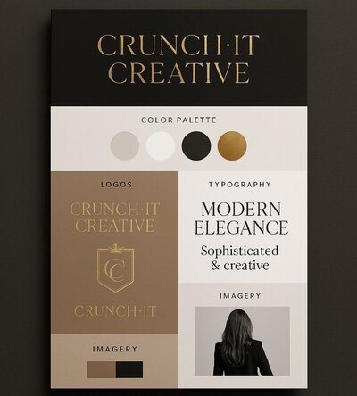 Lux Branding board for Crunch It Creative displaying logos, color palette, typography, and imagery samples.