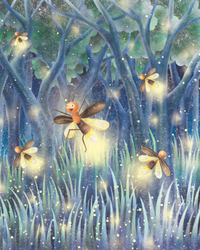 Illustration of 5 fireflies in the woods