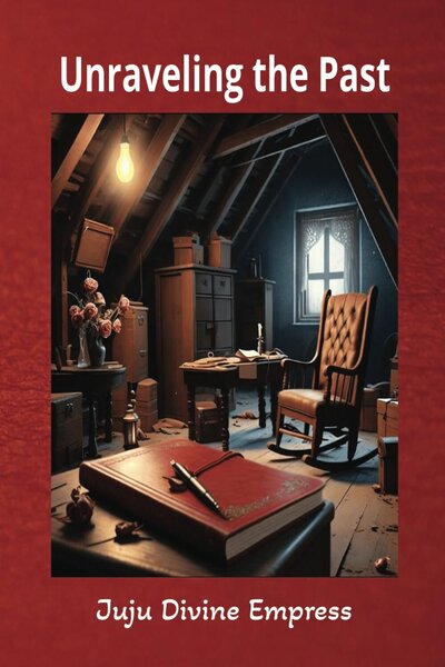 Book cover for "Unraveling the Past" by Juju Divine Empress, featuring an attic scene with a red journal and vintage furniture, evoking mystery, forgotten love, and generational secrets.