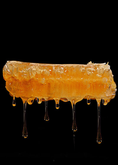 A striking close-up image of a honeycomb dripping with honey, set against a black background. Captured by Mica McCook, this photograph highlights the golden hues and rich textures of natural honey.