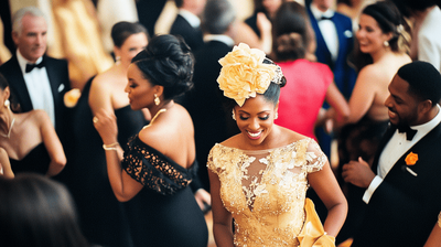 Guest at a wedding reception and a lady with a floral embossed dress and delicate yellow hat