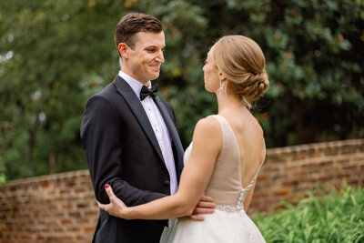 Couple looking at each other during first look at Richmond wedding