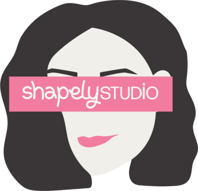 Illustrated head of the founder with "Shapely Studio" logo over her eyes