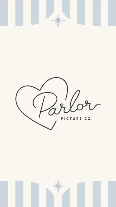 Parlor Picture Co logo on a blue and white stripe background