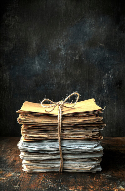 Close-up of vintage letters stack in soft white, cream, yellow, and light blue tones tied with twine, placed on wooden desk with dark background, symbolizing the written reflections and prayers inspired by Heartbeat of a Survivor by Nita Tin.