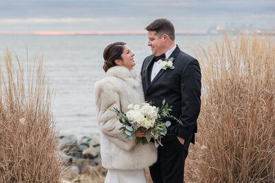 Chesapeake Bay Beach Club winter wedding photo at sunset by Annapolis Maryland photographer, Christa Rae Photography