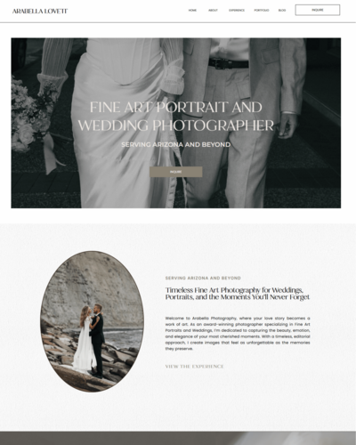 Arabella Showit website template for photographers with an elegant, refined design—ideal for showcasing editorial and luxury photography portfolios.