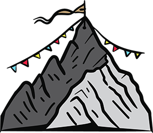 An icon of a mountain with buddhist prayer flags in the background.