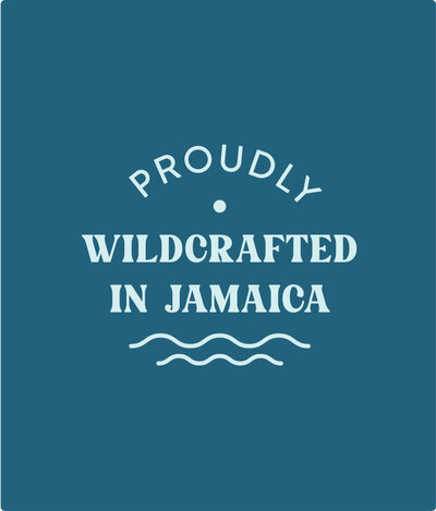 Stamp that says, "Proudly Wildcrafted in Jamaica" sits atop a blue background.