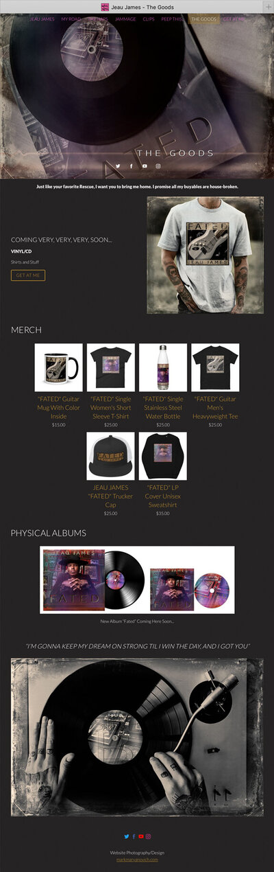 Musician branding website merch shop page example Jeau James images with text layout design
