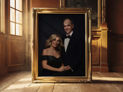 Formal family portrait of husband and wife in black tie attire, captured by The Picture House, Birmingham, Alabama portrait studio.