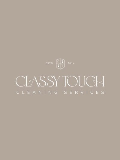 Refined Classy Touch Cleaning Services logo displayed in white on a warm taupe background, with the CT crest monogram above and “ESTD 2014” flanking the emblem—conveying timeless professionalism and trusted service.