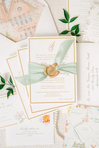 A wedding invitation printed with gold foil with a light green sage ribbon and gold wax seal. Watercolor envelope liner and watercolor map