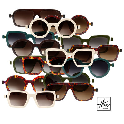 Collection of colorful Theo Eyewear frames displayed together, available at Colaizzo Opticians in Queen Anne, Seattle