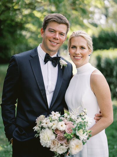 Cylburn Arboretum Baltimore wedding couple with bridal bouquet and blush roses