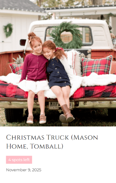 kids seating in an old Christmas truck, happy family posing for anual pictures