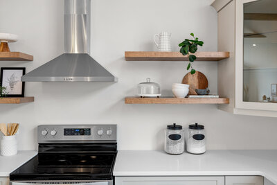 Opening Shelving in a stunning farm house style kitchen of