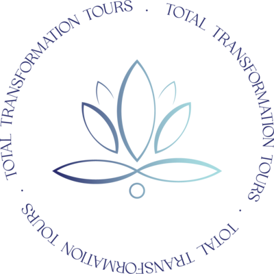 Brand icon design for Total Transformation Tours., featuring lotus flower surrounded  by brand name in a circle.