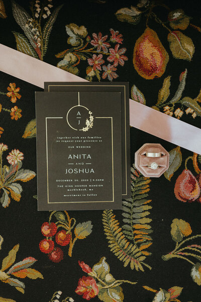 Wedding invitation with a floral design and a ring in a pink box