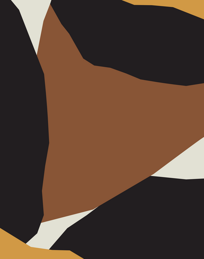 Abstract geometric artwork with bold shapes in black, brown, and white. Angular forms overlap, creating a dynamic composition. A small section of muted orange adds contrast, contributing to the overall modern and minimalist style.
