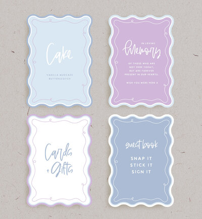 4 options for small signage for your wedding, cake sign, gifts sign, guest bok sign, memory sign