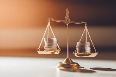 Golden balance scale with stacks of coins on each side, symbolizing financial balance, ethical business practices, and the importance of maintaining fairness and accuracy in dental billing and revenue management.
