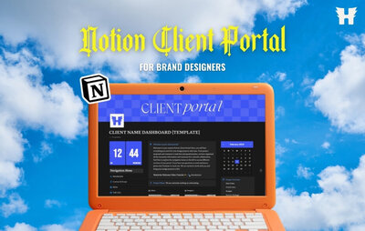 Blue sky background with clouds and an orange laptop open with a mockup of the homepage of the Notion Client Portal on the screen