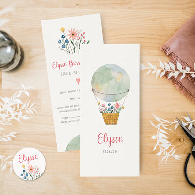 custom birth card with watercolor florals and hot air balloon