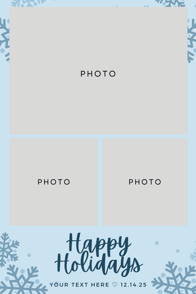 Frosty blue winter design with snowflakes and three customizable photo slots.