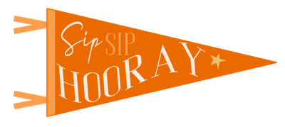 Branding graphic of an orange flag that says sip sip hooray