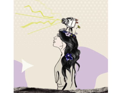 Illustration of a woman with dark hair with a camera on her head