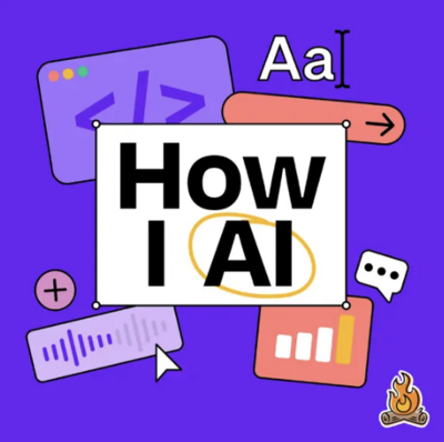 HOW I AI PODCAST thumbnail features a purple background with the words "how i ai" in bold text with other school looking clip art graphics