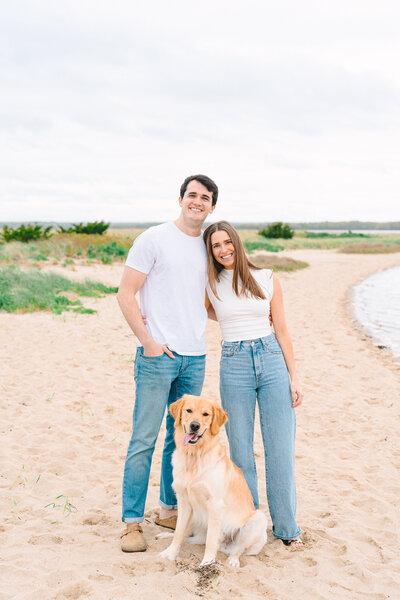 Engagement photos with dog at watch hill beach, RI
