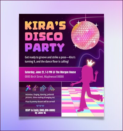 Pink and purple disco-themed birthday invitation by Helia Studios for a private client